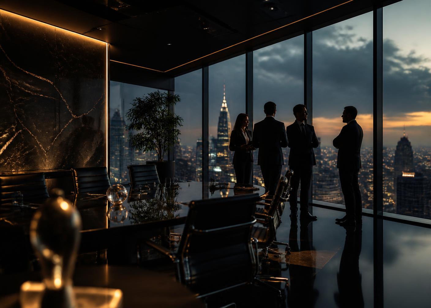 Executives meeting in a high-end boardroom overlooking a global city