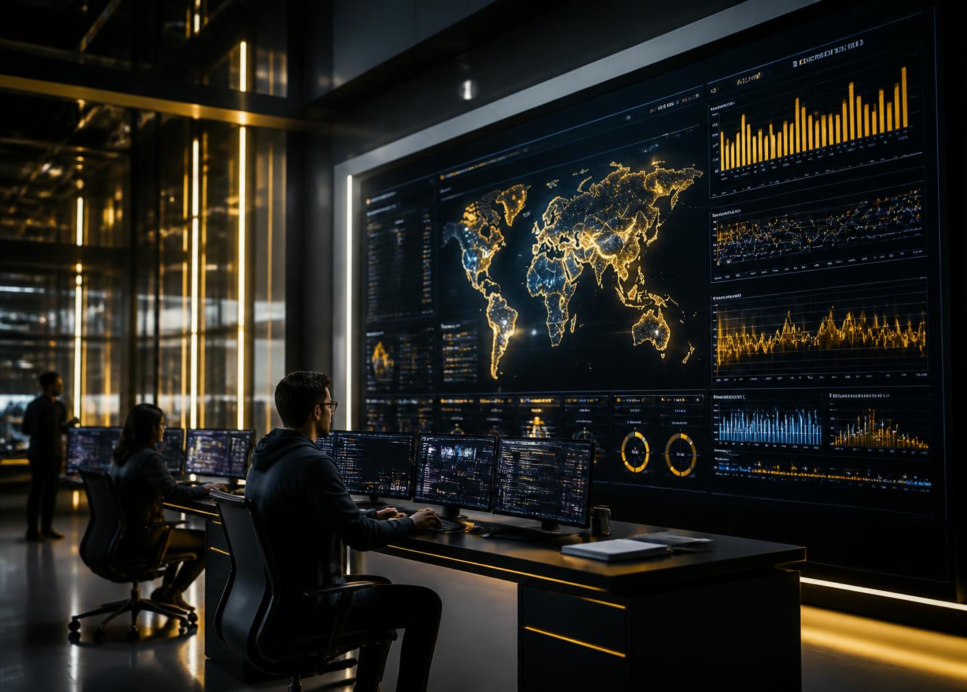 Engineers monitoring AI data visualisations on large screens