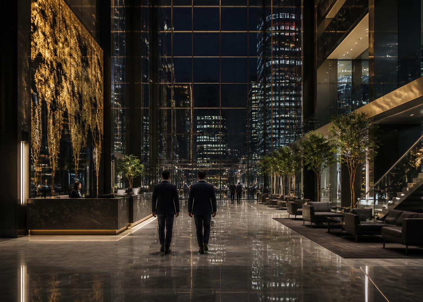Executives walking through a global corporate headquarters at night