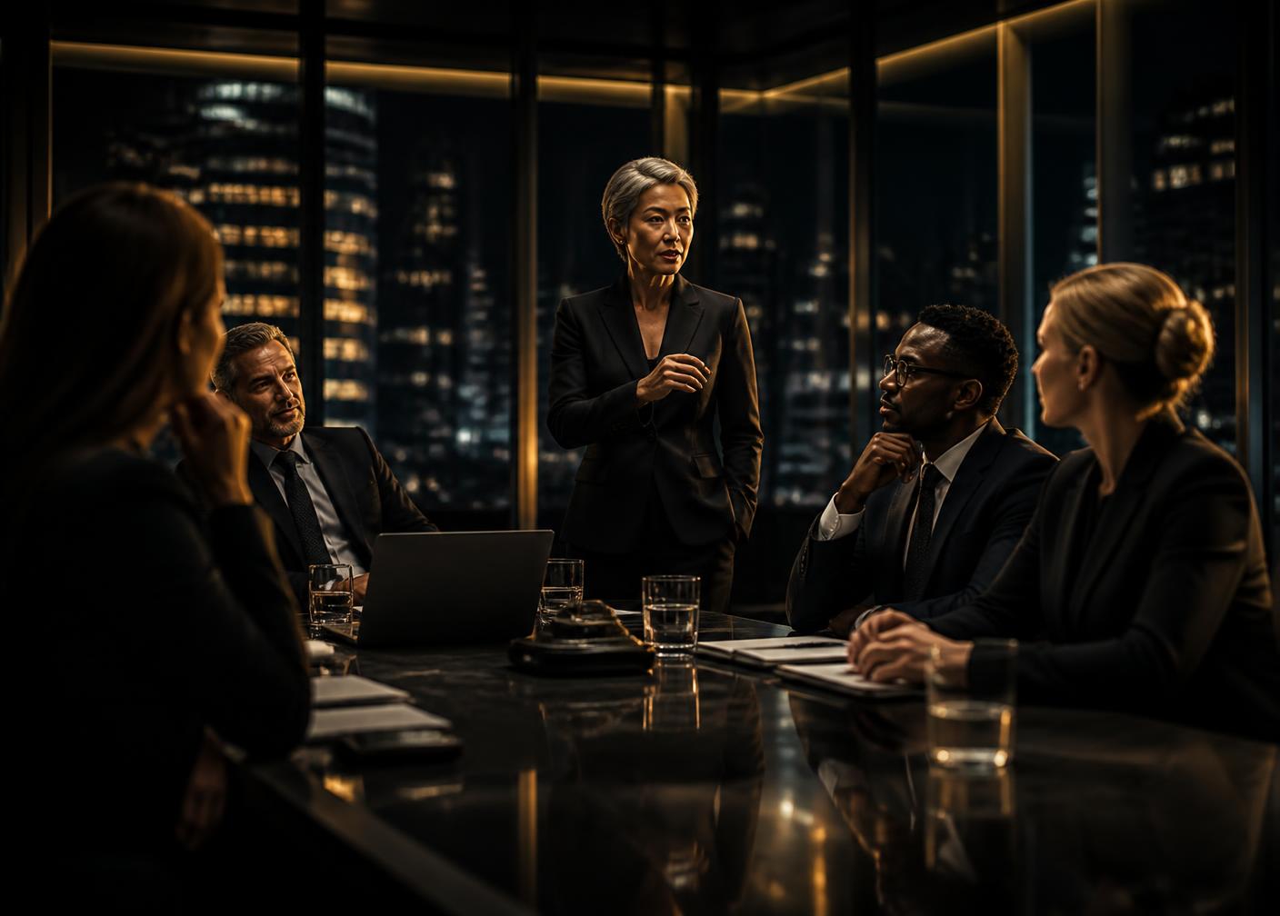 Executive leadership team in discussion in a dark glass boardroom