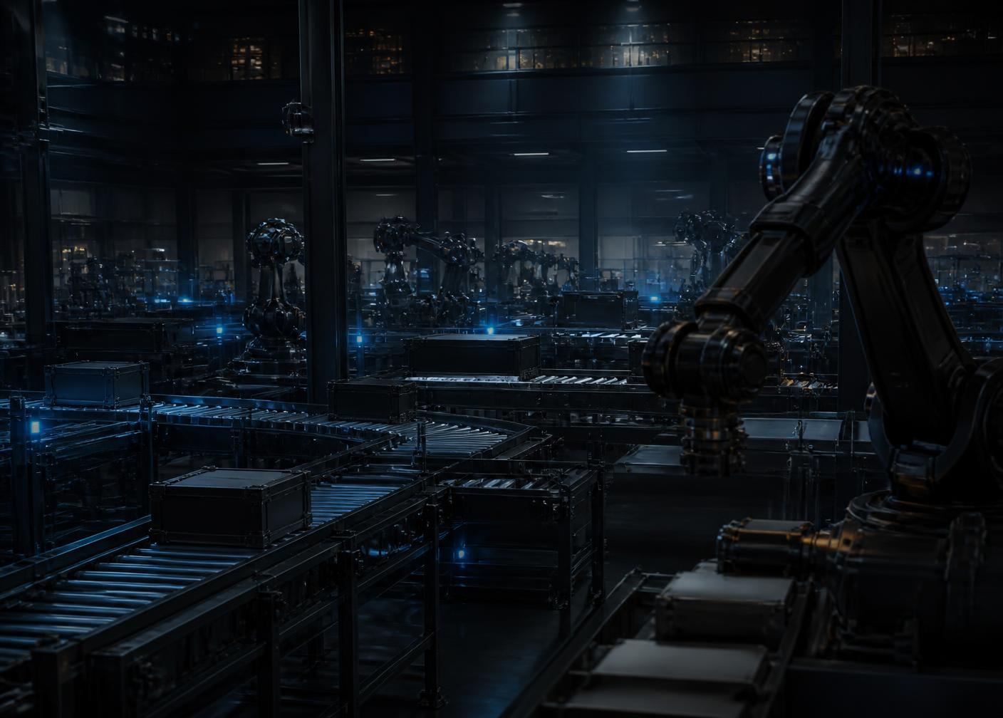Automated manufacturing and logistics facility at night