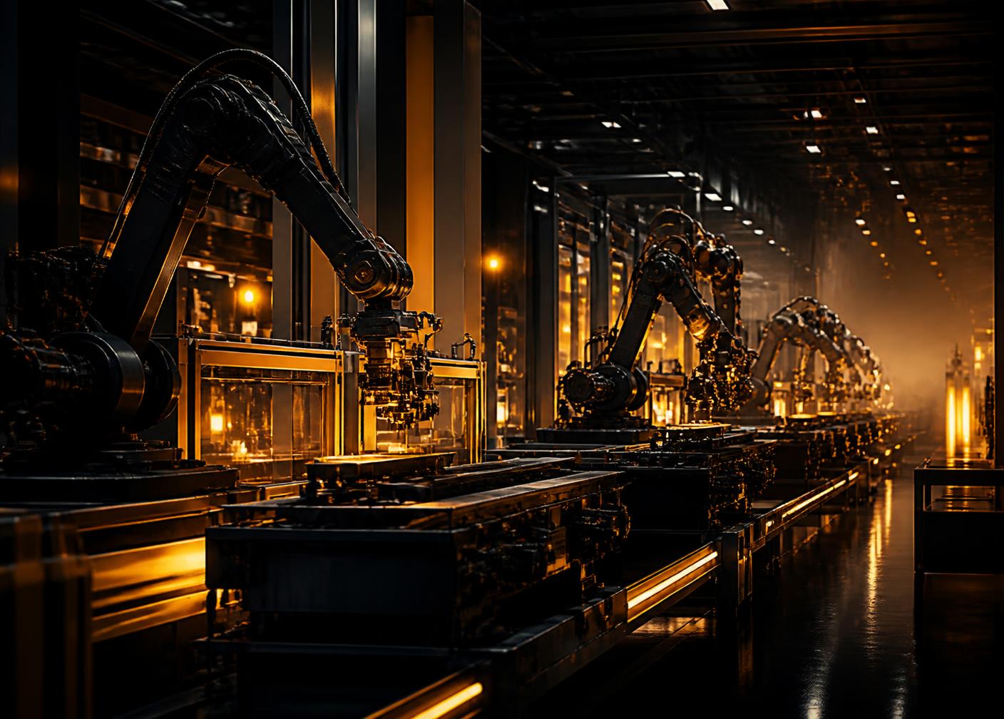 Robotic arms working on an advanced manufacturing line at night