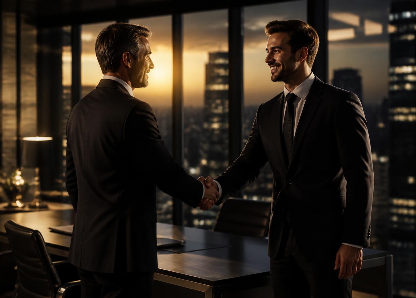 Two executives shaking hands in a modern glass office at dusk