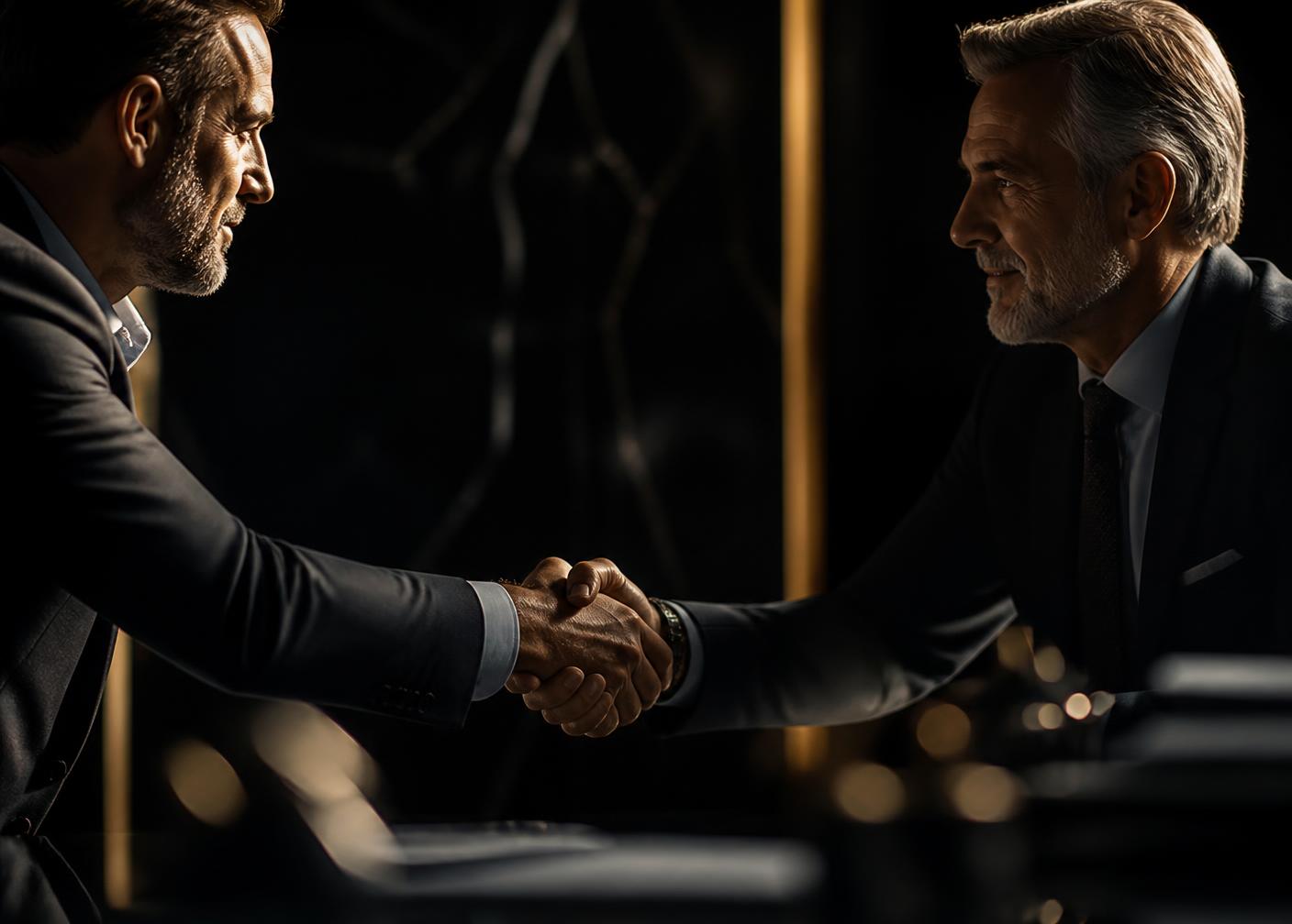 Two business leaders sealing a strategic partnership with a handshake